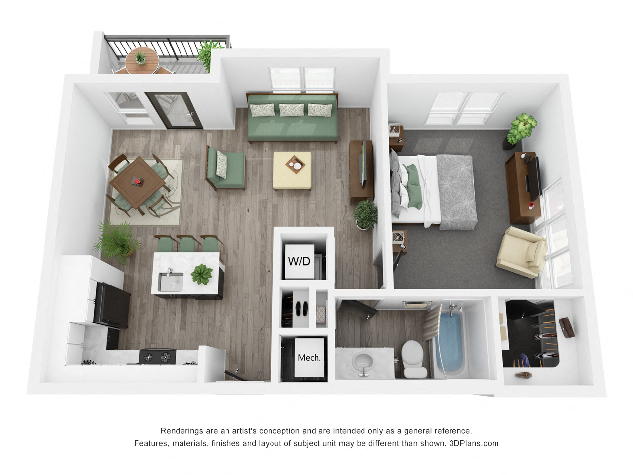 Floor plan for 1 bed, 1 bath, 721 sqft